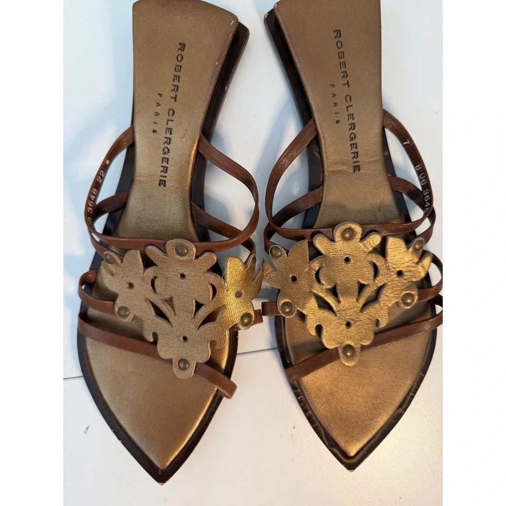 Robert Clergerie Paris Leather Floral Strappy Flat Sandals Brown Bronze Size 7